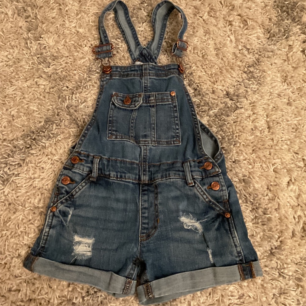 Jordache Kids Blue Denim Distressed Shortalls Overalls Size S 6-6X Medium Wash